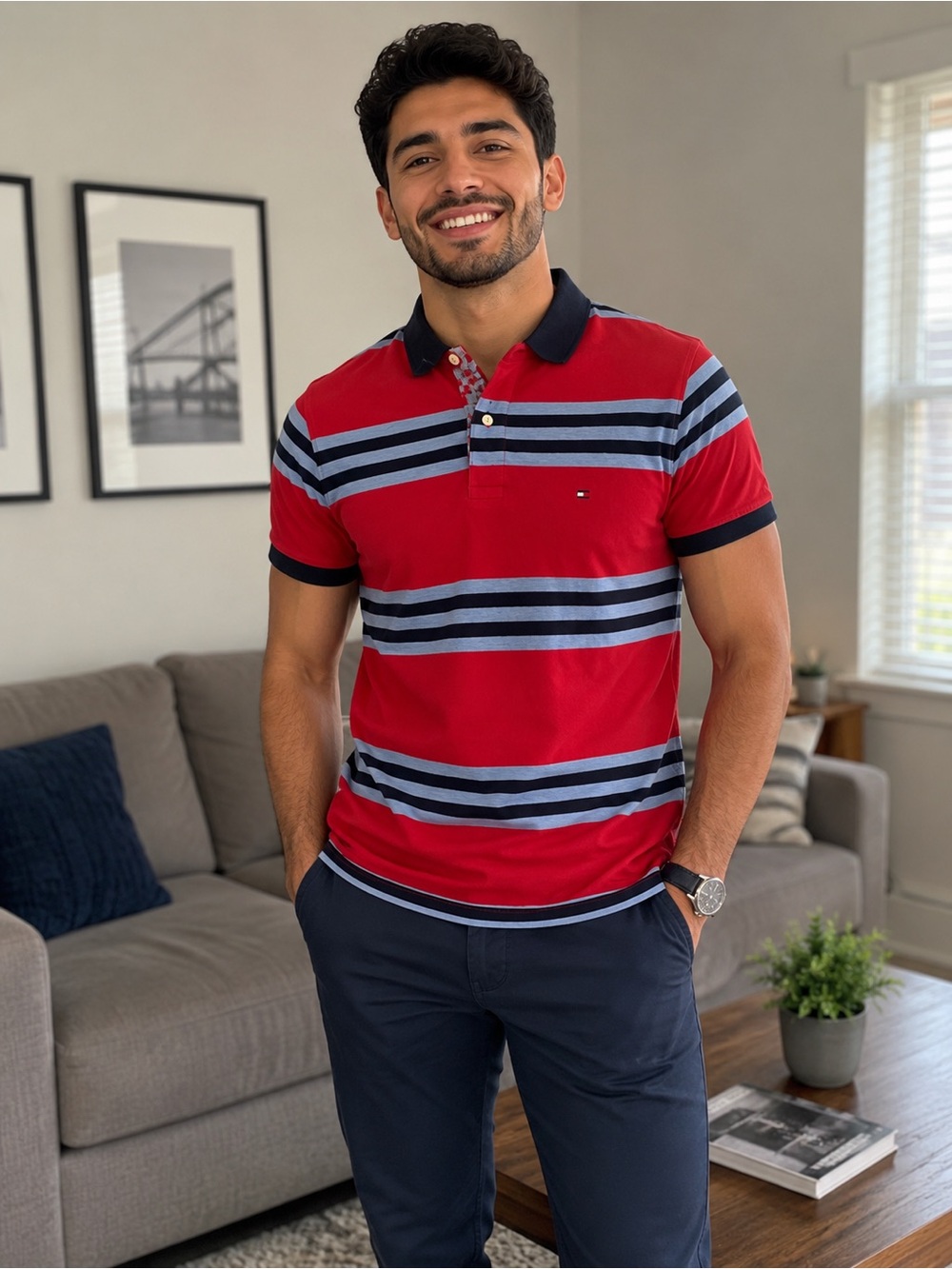 Tommy Hilfiger Red Polo with Navy & Light Blue Stripes